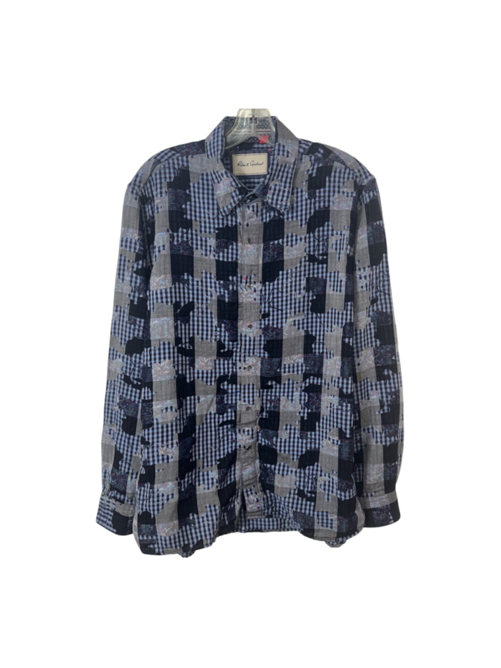 Robert Graham Snap Button Shirt Large Checked Unique Patch Black Blue